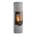 Tänd braskamin i greywood med glaslucka mot transparent bakgrund