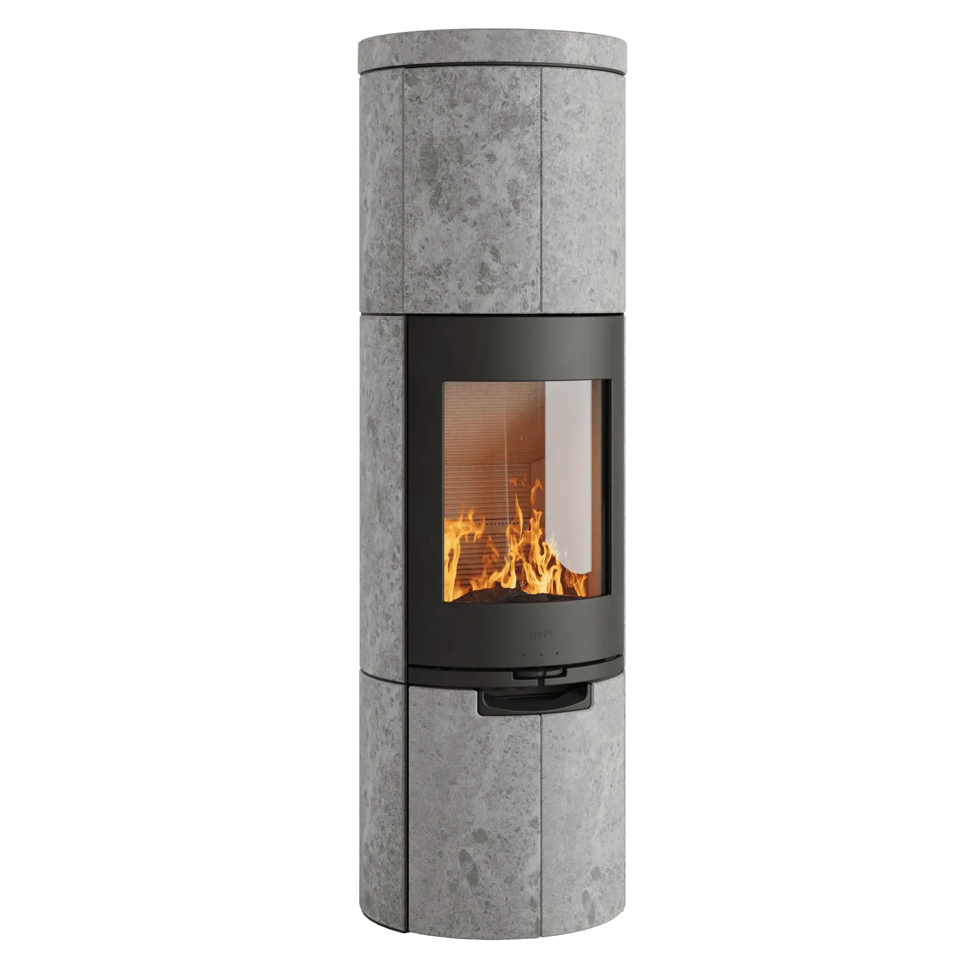 Scan-Line 920S täljsten Tänd kamin i täljsten med svart lucka mot vit bakgrund